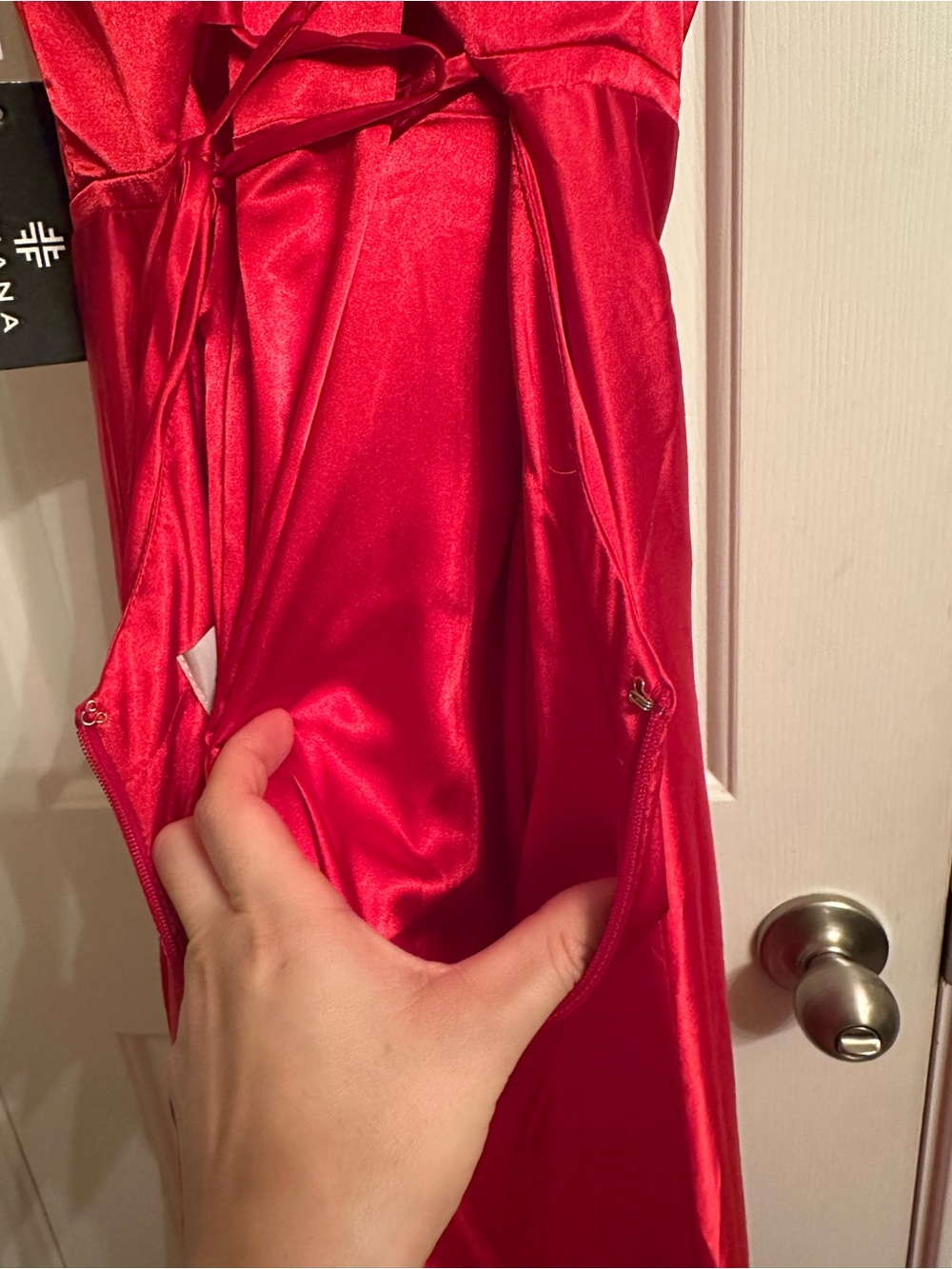 NWT Faviana Red Satin V-Neck Spaghetti Strap Maxi Prom Bridesmaid Slit Dress - Picture 9 of 10